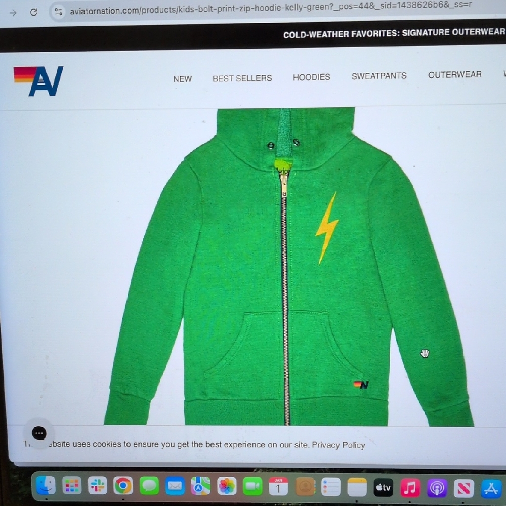 Aviator Nation Green Zip Hoodie with White Lightning Bolt